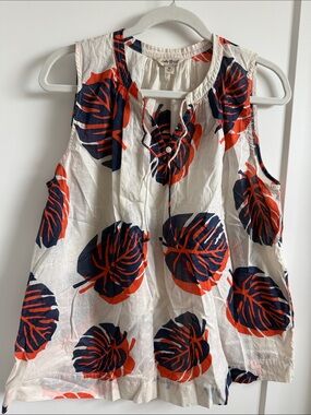 Lucky Brand White Sleeveless Blouse with Navy & Red Leaf Motif